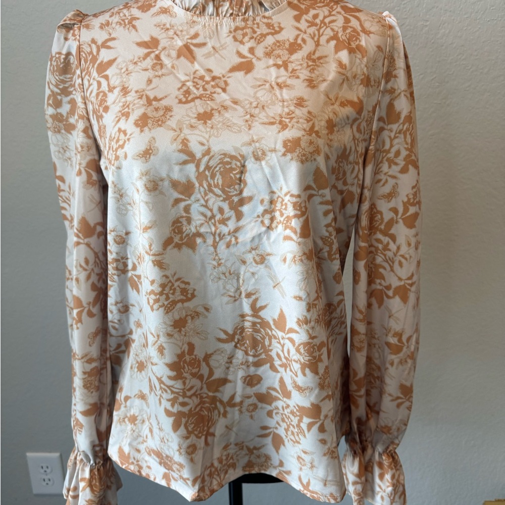 Elegant Floral Women's Blouse in Cream and Tan